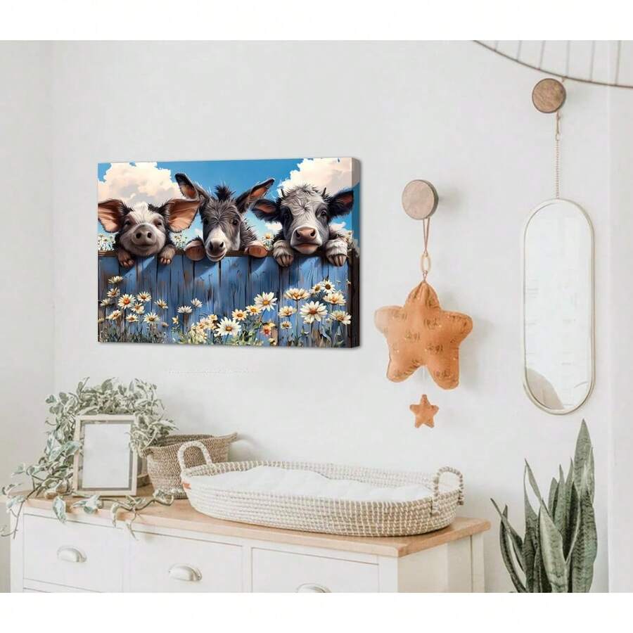 Cute rustic farm animals canvas shown in kids room mockup