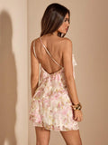 Pink floral backless dress with crossed straps