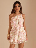 Pink one-shoulder ruffle mini dress front close view