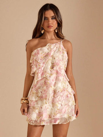 Pink one-shoulder ruffle mini dress front close view