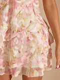 Floral ruffle dress fabric and layered hem detail