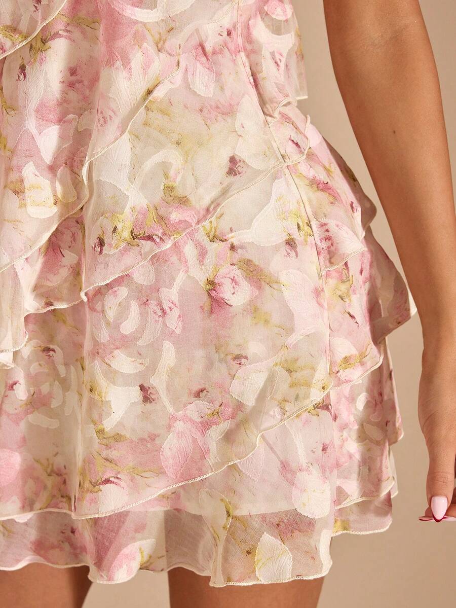 Floral ruffle dress fabric and layered hem detail