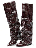 Shaft detail view of Stylish Knee-High Slouchy Shark Boots with Chunky Heels for Parties and Office Wear for knee high boot styling