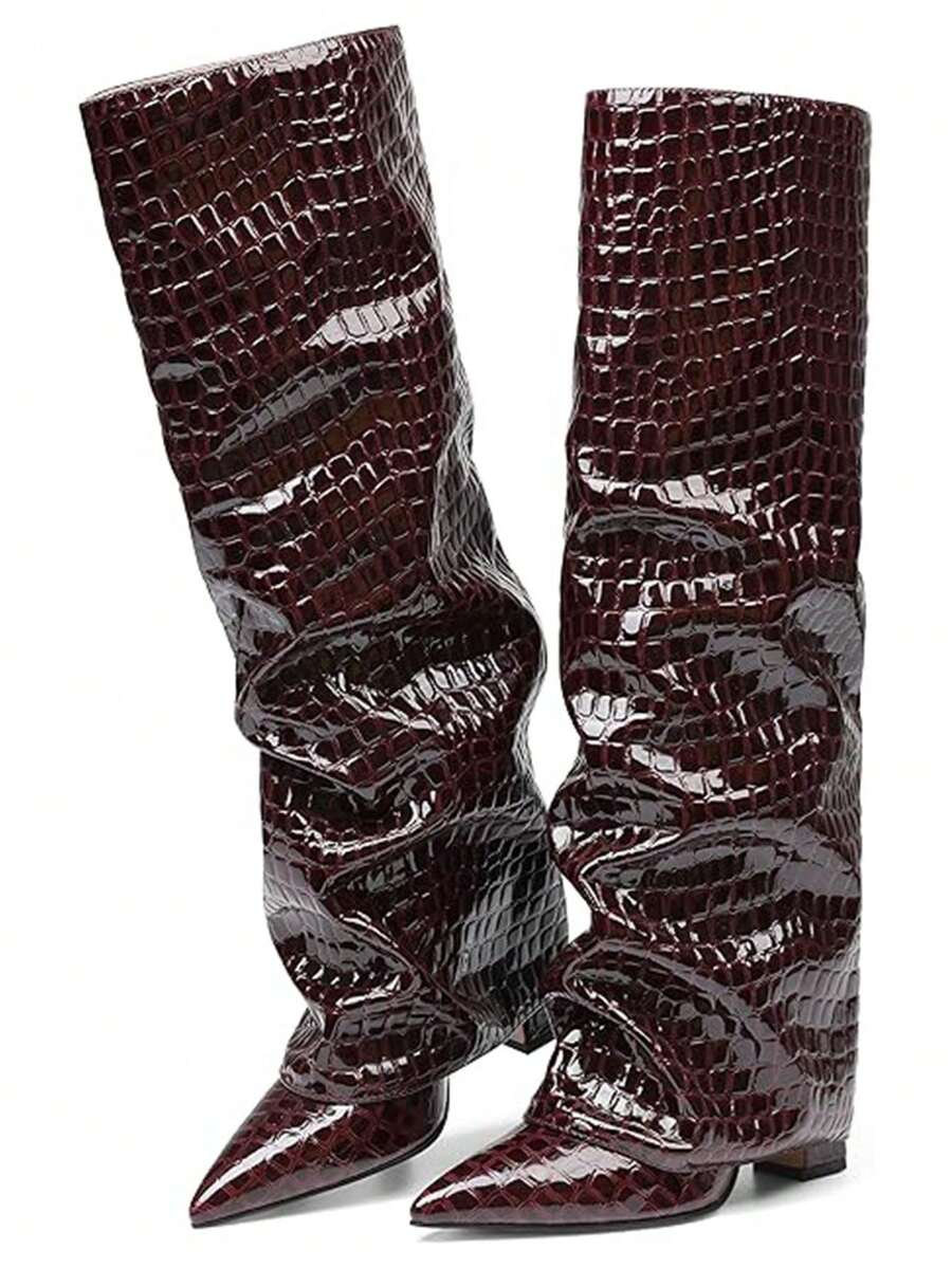 Shaft detail view of Stylish Knee-High Slouchy Shark Boots with Chunky Heels for Parties and Office Wear for knee high boot styling