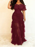 Front view of Plus Size Women's Bohemian Sheer Off-Shoulder Dress for Spring and Summer - Perfect for Festivals, Casual Occasions, and Beach Vacations in Burgundy color