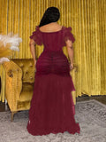 Side profile of Plus Size Women's Bohemian Sheer Off-Shoulder Dress for Spring and Summer - Perfect for Festivals, Casual Occasions, and Beach Vacations in Burgundy color