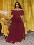 Back view of Plus Size Women's Bohemian Sheer Off-Shoulder Dress for Spring and Summer - Perfect for Festivals, Casual Occasions, and Beach Vacations in Burgundy color