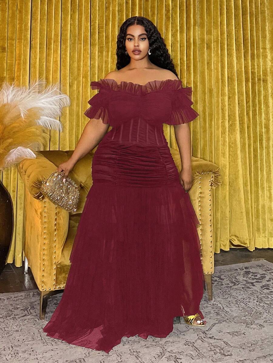 Back view of Plus Size Women's Bohemian Sheer Off-Shoulder Dress for Spring and Summer - Perfect for Festivals, Casual Occasions, and Beach Vacations in Burgundy color