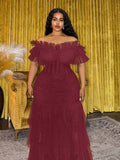 Close-up detail of Plus Size Women's Bohemian Sheer Off-Shoulder Dress for Spring and Summer - Perfect for Festivals, Casual Occasions, and Beach Vacations in Burgundy color