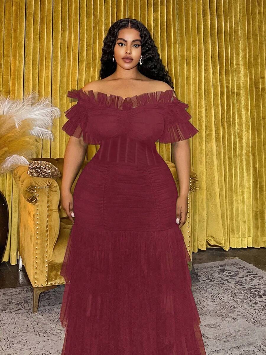 Close-up detail of Plus Size Women's Bohemian Sheer Off-Shoulder Dress for Spring and Summer - Perfect for Festivals, Casual Occasions, and Beach Vacations in Burgundy color