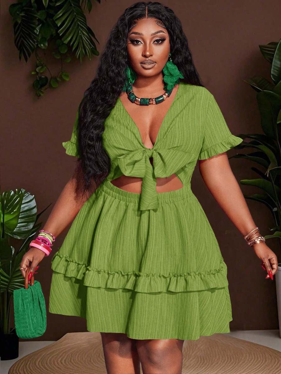 Close-up view of plus size fuchsia ruffle mini dress - casual & romantic two-piece set for vacations with mini dress silhouette, plus size fit for summer casual wear