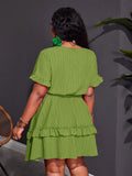 Close-up view of plus size fuchsia ruffle mini dress - casual & romantic two-piece set for vacations with mini dress silhouette, plus size fit for summer casual wear