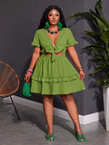 Close-up view of plus size fuchsia ruffle mini dress - casual & romantic two-piece set for vacations with mini dress silhouette, plus size fit for summer casual wear