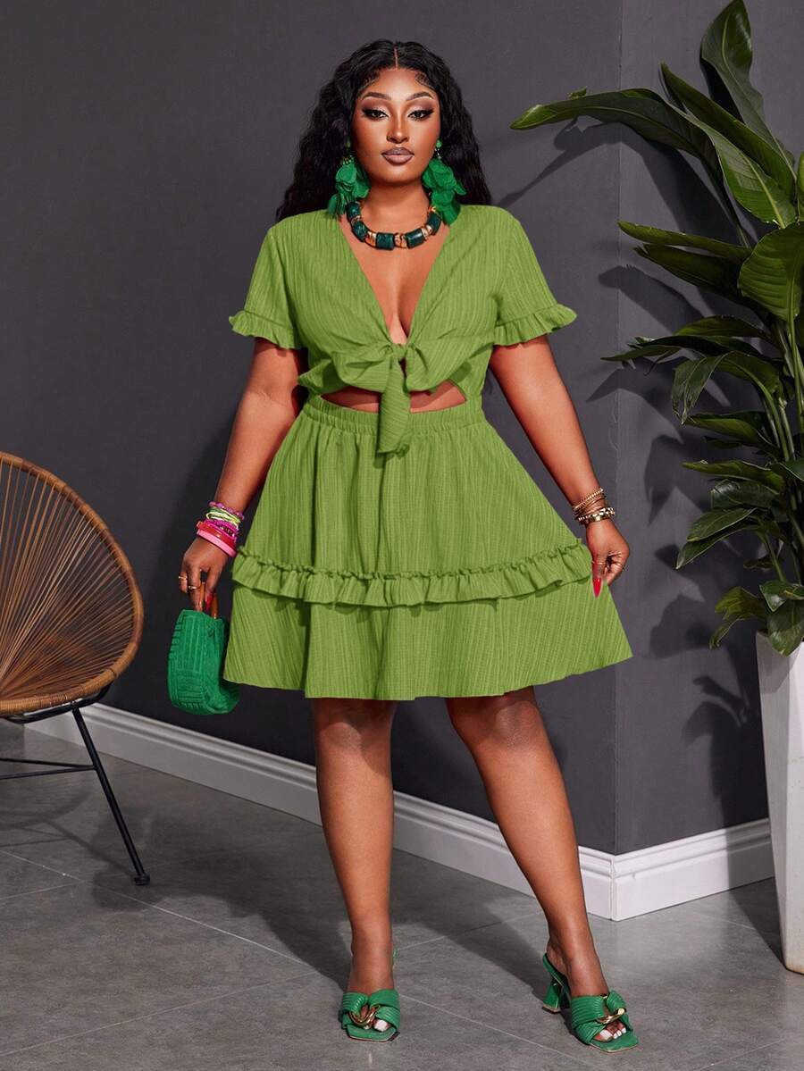 Close-up view of plus size fuchsia ruffle mini dress - casual & romantic two-piece set for vacations with mini dress silhouette, plus size fit for summer casual wear