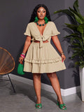 Close-up view of plus size fuchsia ruffle mini dress - casual & romantic two-piece set for vacations with mini dress silhouette, plus size fit for summer casual wear