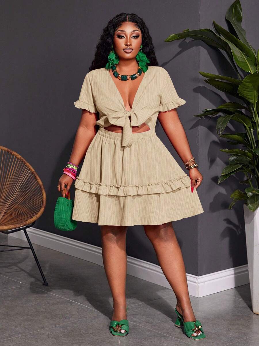 Close-up view of plus size fuchsia ruffle mini dress - casual & romantic two-piece set for vacations with mini dress silhouette, plus size fit for summer casual wear