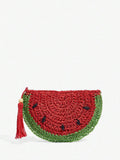 Fashion detail view of textured straw clutch with tassel