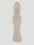 Apricot halter cowl neck mermaid maxi dress front view