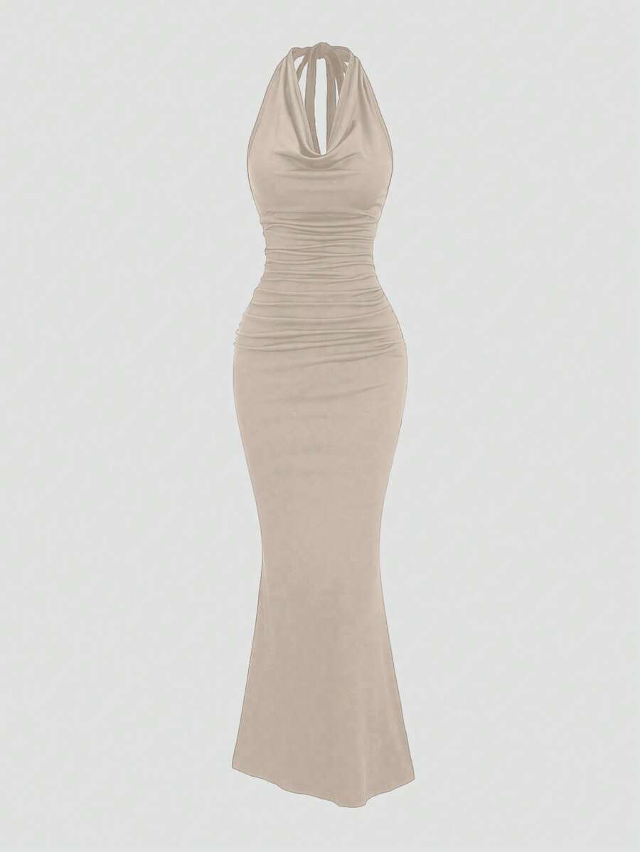 Apricot halter cowl neck mermaid maxi dress front view