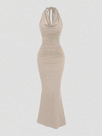 Apricot halter cowl neck mermaid maxi dress front view