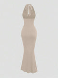 Backless apricot halter maxi dress with tie neck