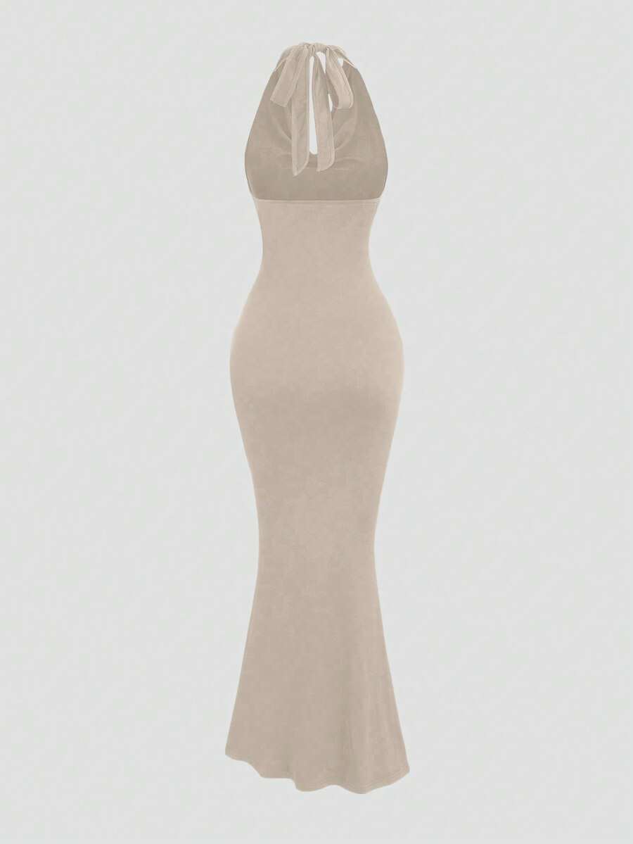 Backless apricot halter maxi dress with tie neck