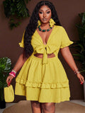 Close-up view of plus size fuchsia ruffle mini dress - casual & romantic two-piece set for vacations with mini dress silhouette, plus size fit for summer casual wear