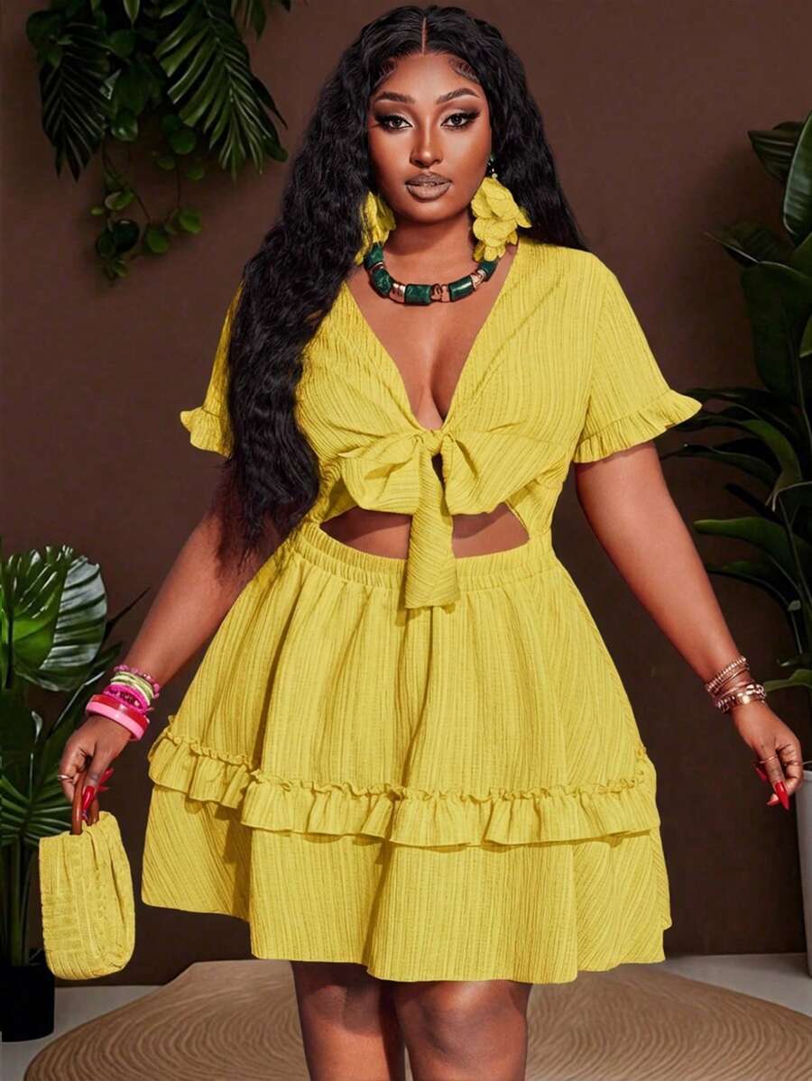 Close-up view of plus size fuchsia ruffle mini dress - casual & romantic two-piece set for vacations with mini dress silhouette, plus size fit for summer casual wear
