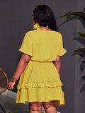 Close-up view of plus size fuchsia ruffle mini dress - casual & romantic two-piece set for vacations with mini dress silhouette, plus size fit for summer casual wear