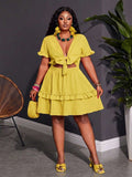 Close-up view of plus size fuchsia ruffle mini dress - casual & romantic two-piece set for vacations with mini dress silhouette, plus size fit for summer casual wear