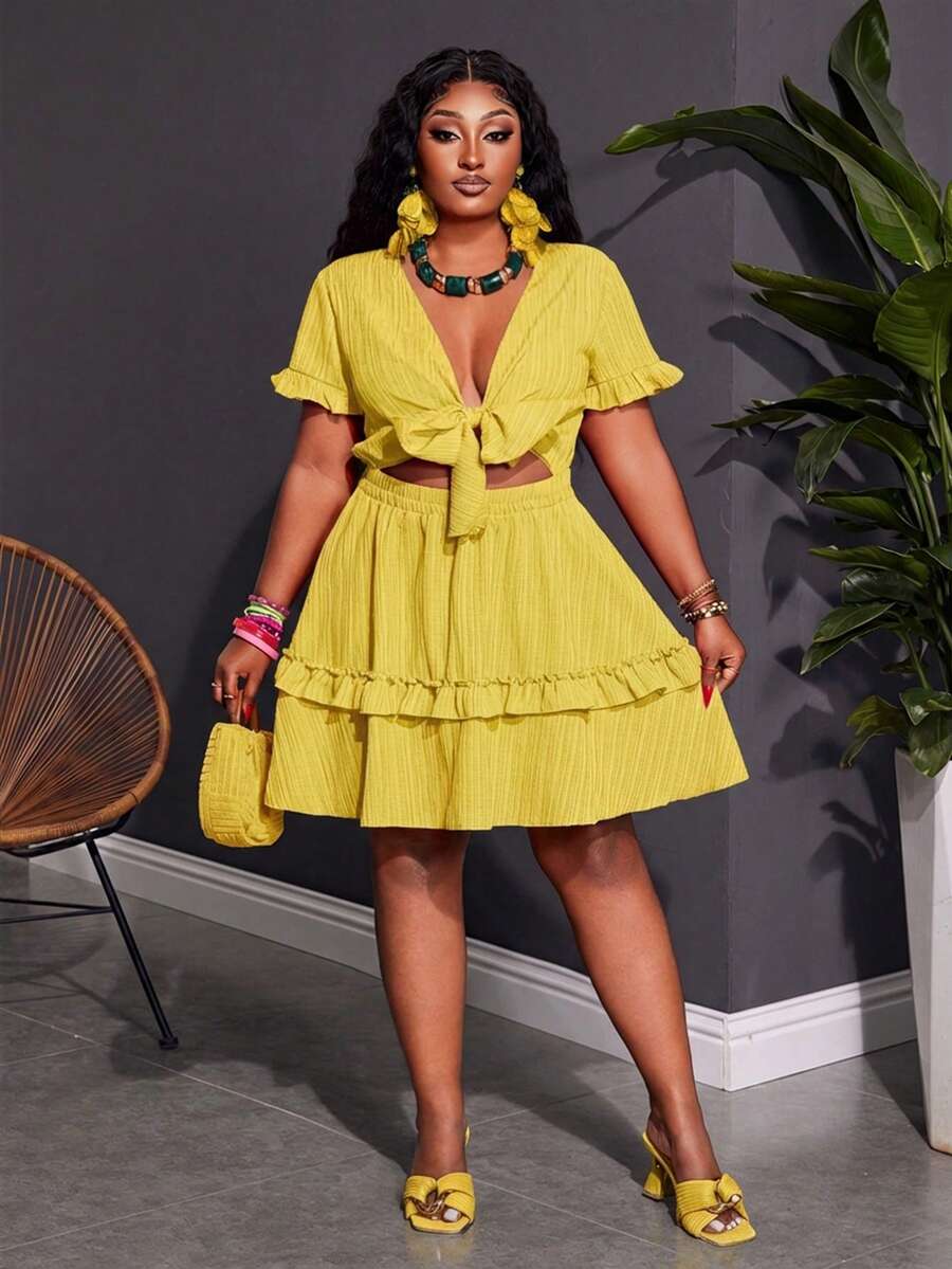 Close-up view of plus size fuchsia ruffle mini dress - casual & romantic two-piece set for vacations with mini dress silhouette, plus size fit for summer casual wear