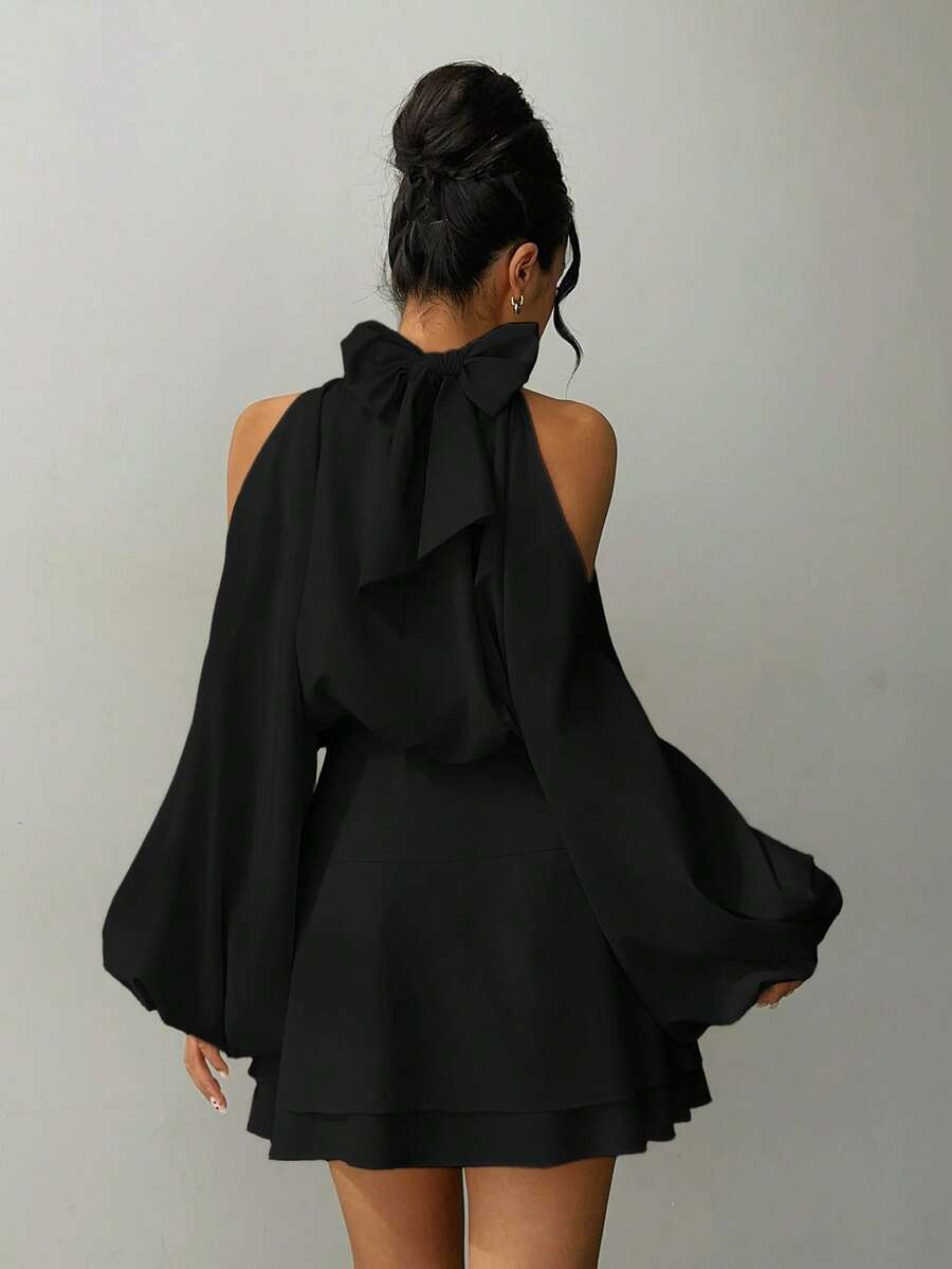 halter cold shoulder long sleeve ruffle mini dress product image 1