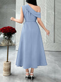 Back view of powder blue asymmetric A-line midi dress with diagonal shoulder band in marble interior