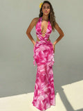 Pink floral halter cutout maxi dress