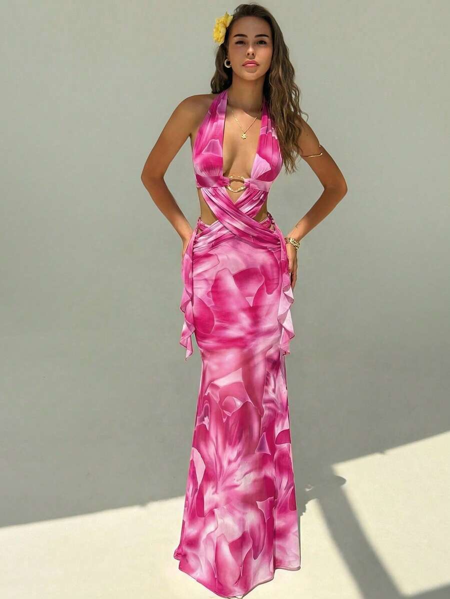 Pink floral halter cutout maxi dress