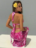 Pink halter maxi dress with sheer ruffle panel