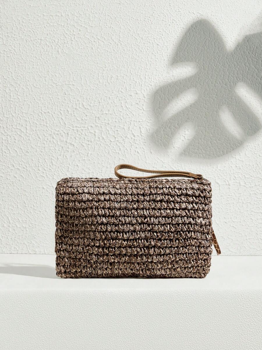 Back view brown woven fabric clutch bag with animal print texture zipper top wristlet strap and small side tab