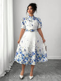 Image 6 - full length view of Elegant Floral Print Long Sleeve Dress with Waist Buckle for Spring and Autumn Fashion