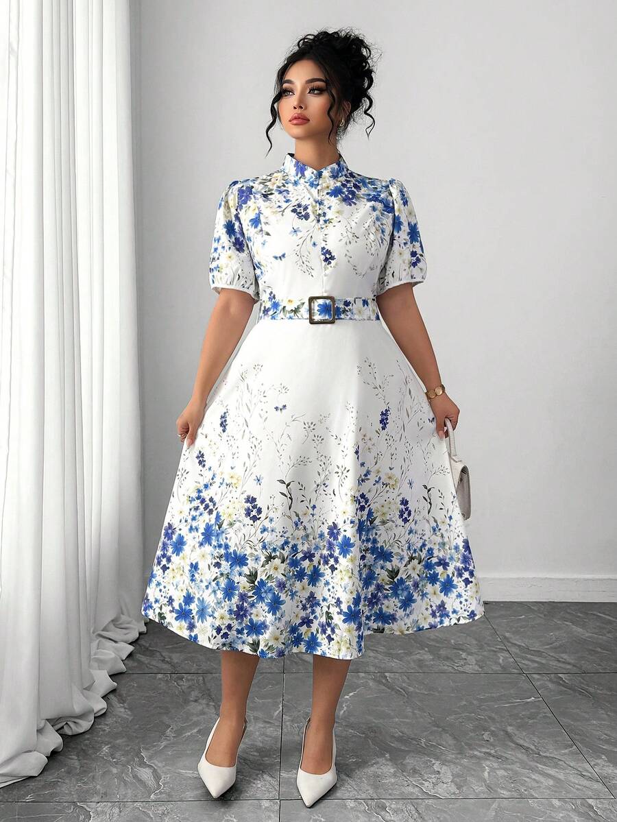 Image 6 - full length view of Elegant Floral Print Long Sleeve Dress with Waist Buckle for Spring and Autumn Fashion
