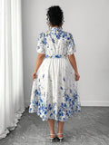Image 5 - neckline detail of Elegant Floral Print Long Sleeve Dress with Waist Buckle for Spring and Autumn Fashion