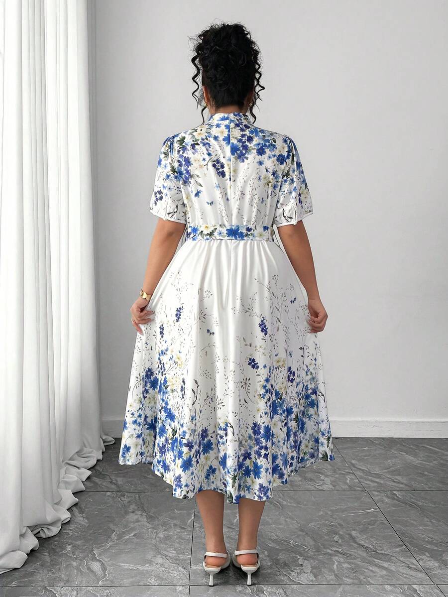 Image 5 - neckline detail of Elegant Floral Print Long Sleeve Dress with Waist Buckle for Spring and Autumn Fashion
