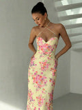 Pale yellow floral halter maxi dress detail
