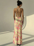 Pale yellow floral lace up back maxi dress
