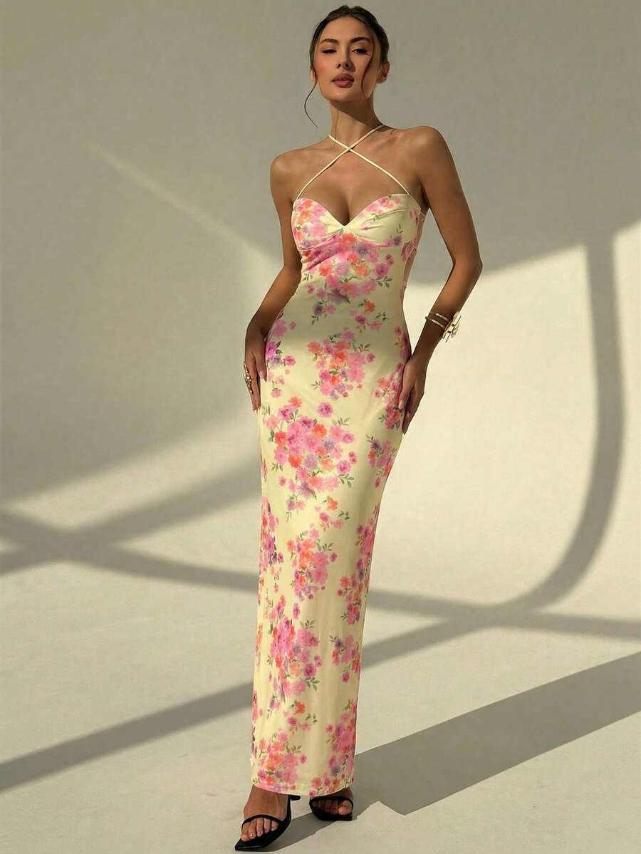 Pale yellow floral maxi dress full length view