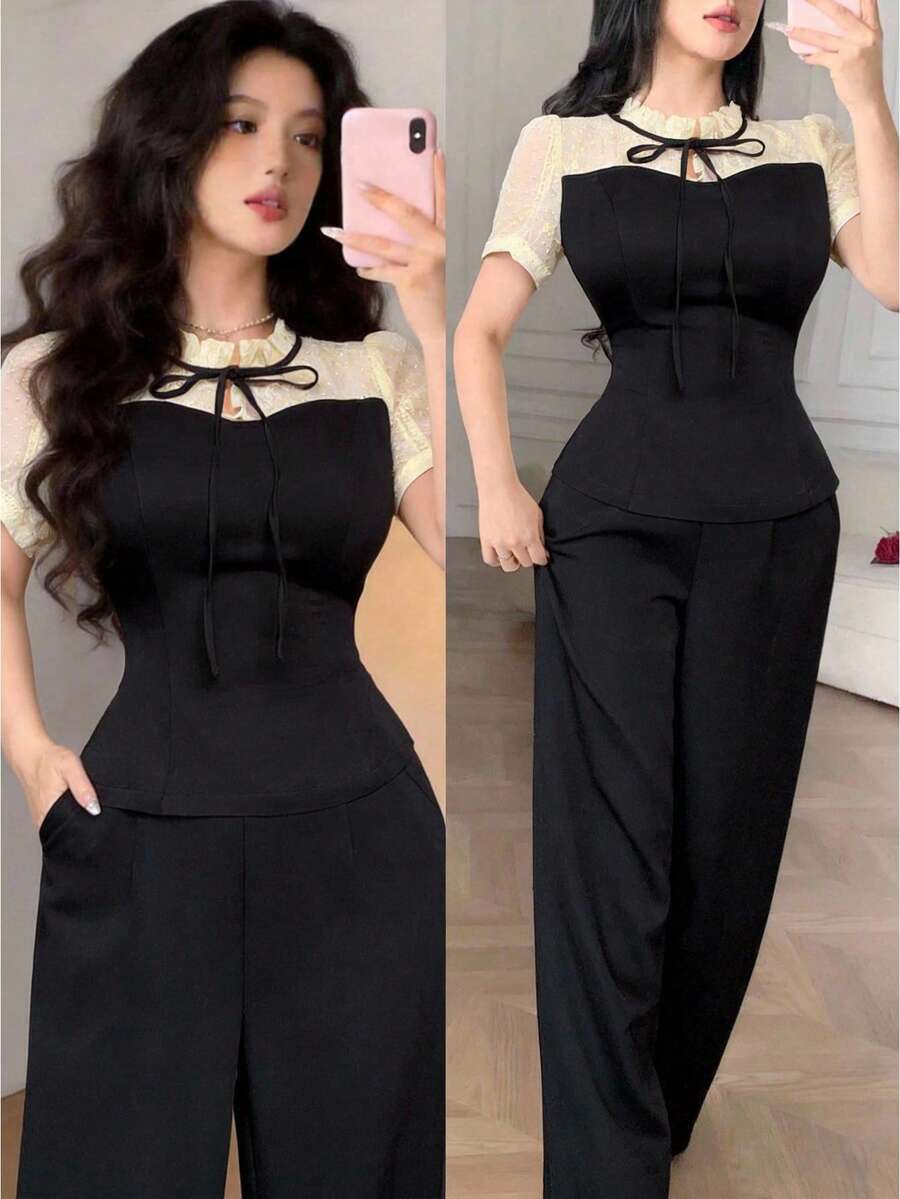 Tie front pants set with black bow and wide leg pants