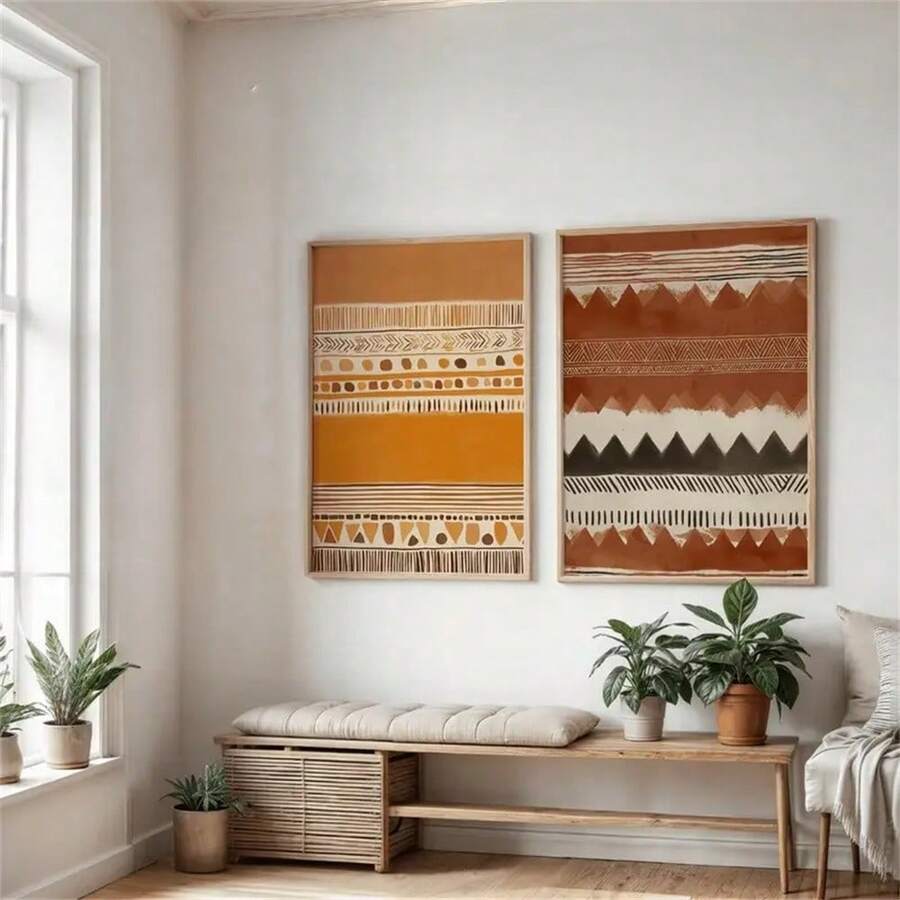 Front living room mockup of two terracotta geometric canvas prints in dark frames above a neutral sofa