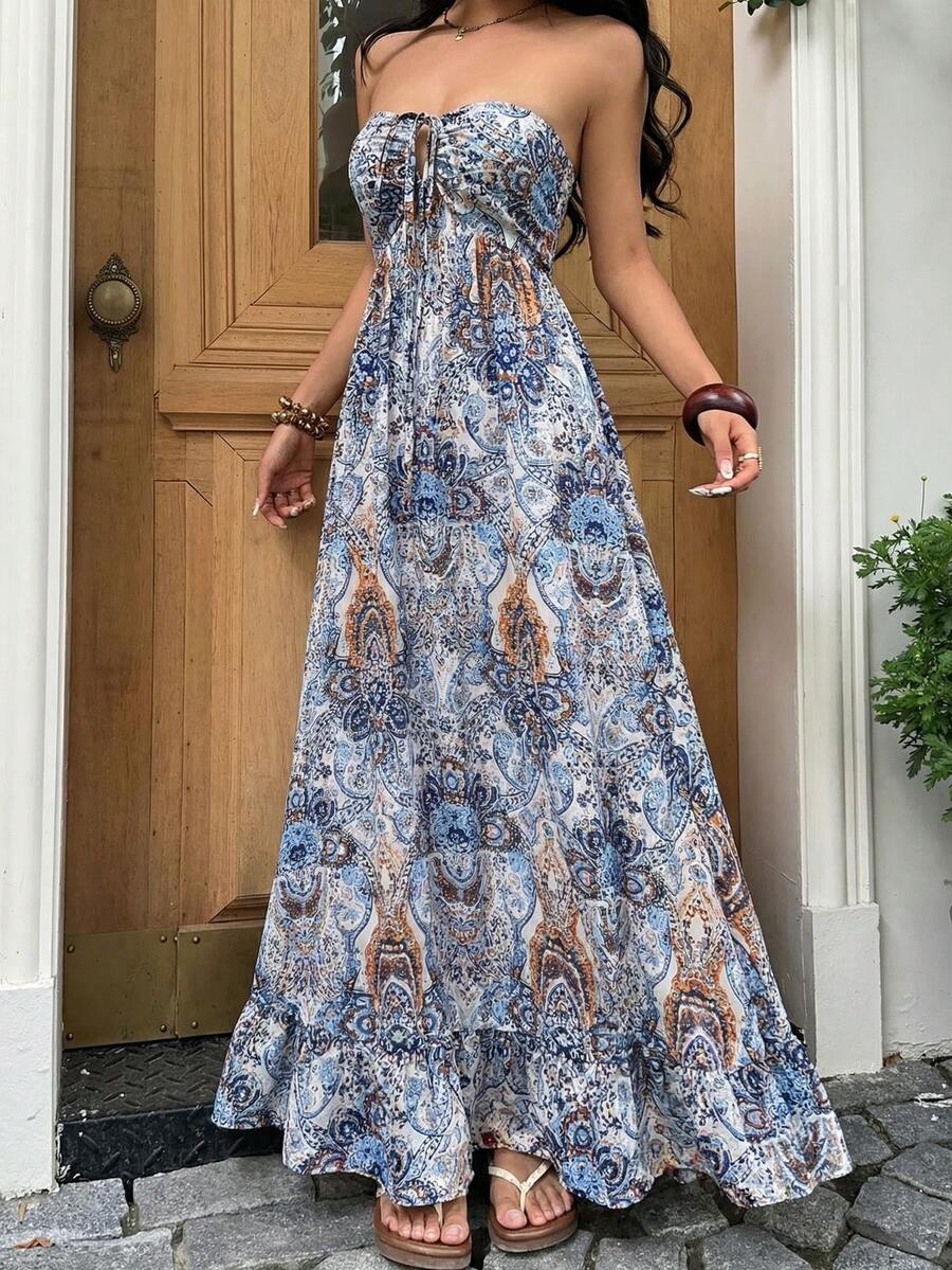 White blue tan paisley maxi dress with strapless sweetheart bodice and front tie