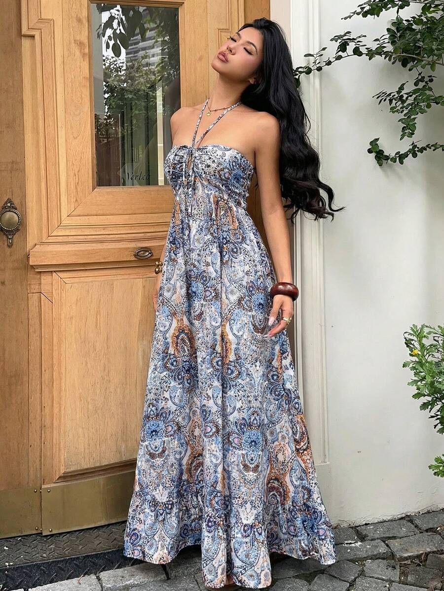 Full front view white blue tan paisley halter maxi dress with ruched bust