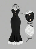 Black lace trim halter mermaid dress with decorative buttons and layered hem