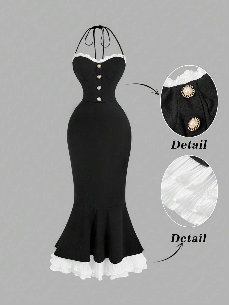 Black lace trim halter mermaid dress with decorative buttons and layered hem